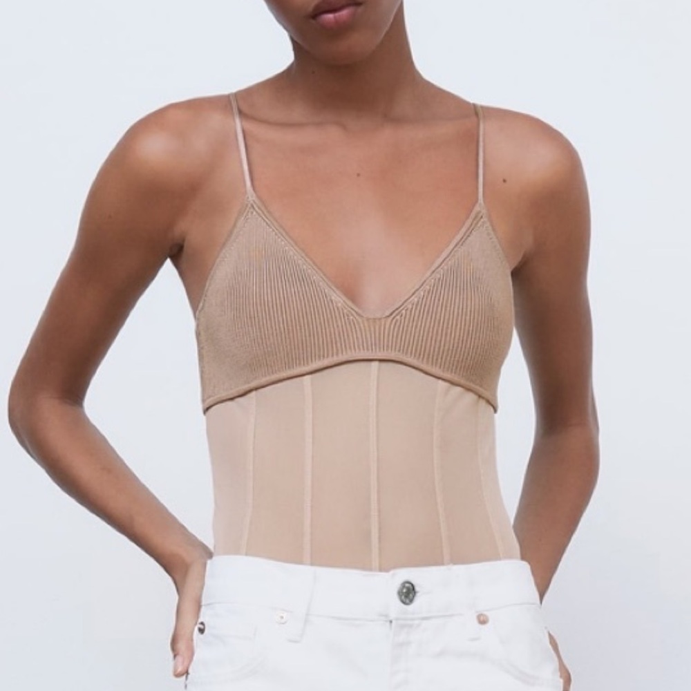 Zara Beige Tan Ribbed Bodysuit